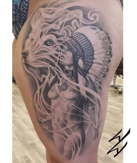 Tattoos - Walt Watts Spirit Wolf and Native Figure - 140915